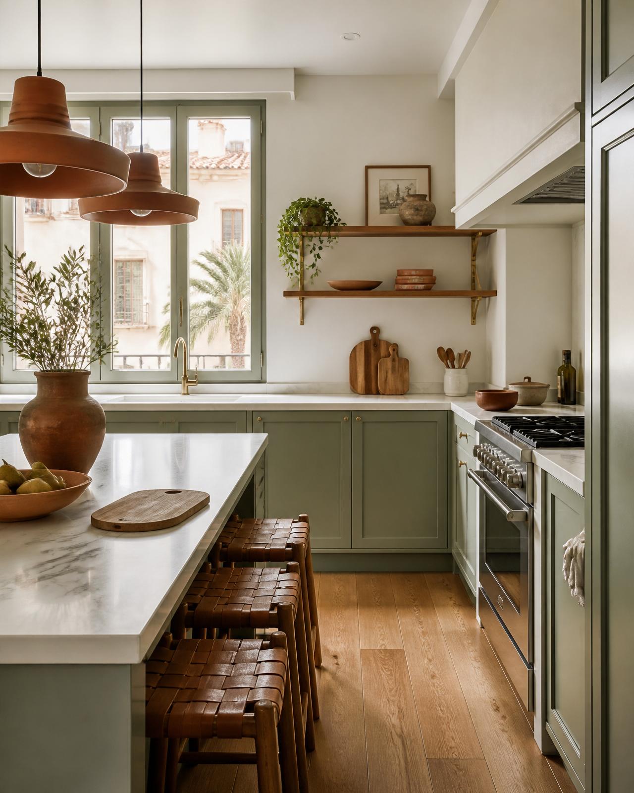 Renovated kitchen in Valencia, sage green and oak wood tones